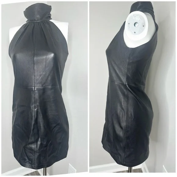 Elegant Black Halter Leather Mini Dress- PRELOVED- MEDIUM - Picture 4 of 7
